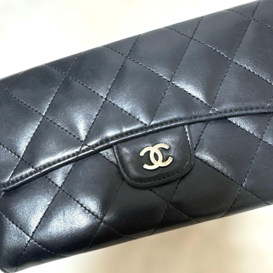 CHANEL シャネル 三つ折り長財布 マトラッセ ラムスキン ブラック
