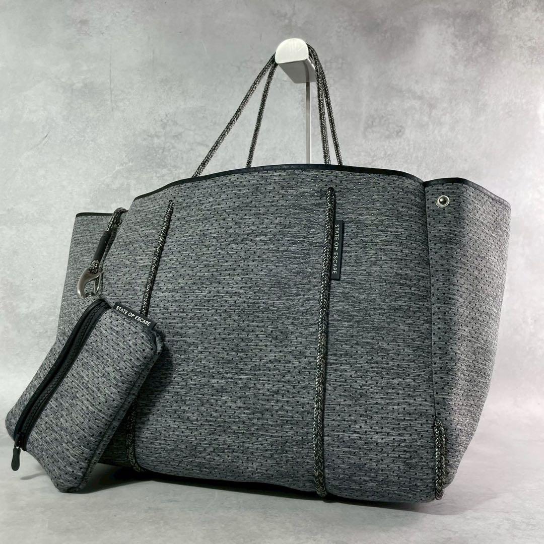 ステイトオブエスケープ トートバッグ フェードデニム 大容量 ポーチ付 グレー