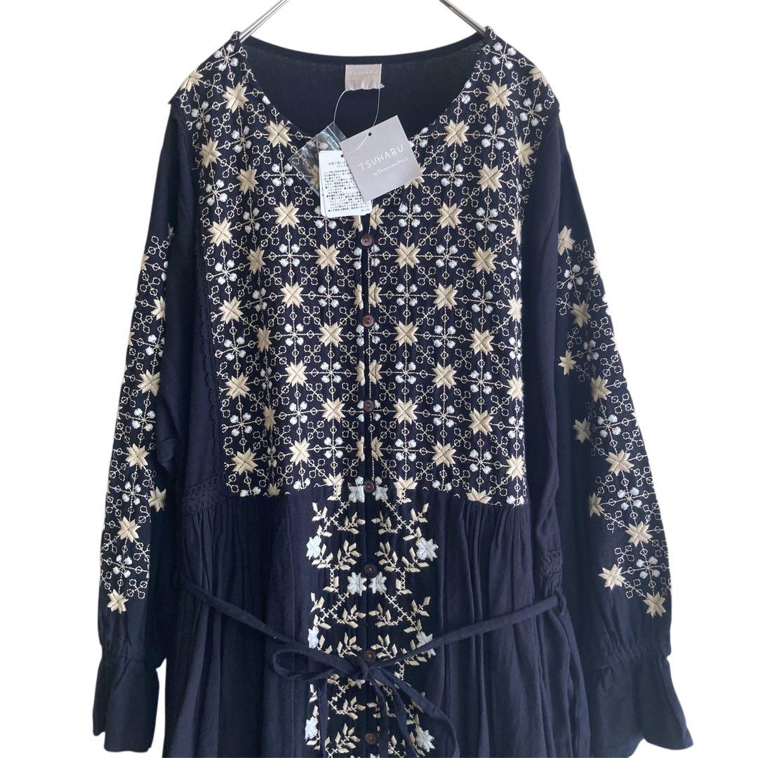 新品タグ付き✨ツハルバイサマンサモスモス 刺繍タックワンピース インド綿 長袖