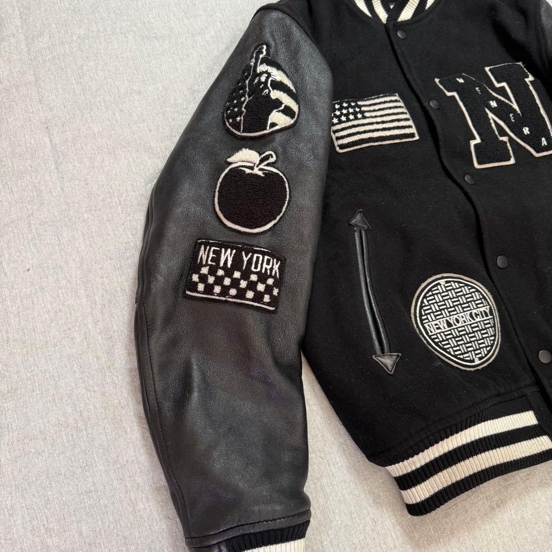 NEW ERA 豪華ワッペン スタジャン NYC 袖レザー 羊革 黒 M