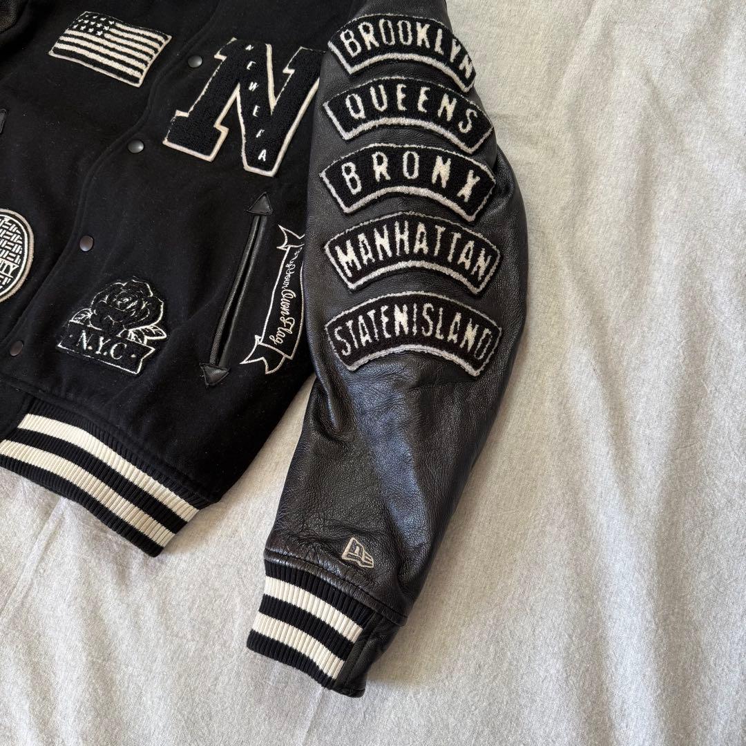 NEW ERA 豪華ワッペン スタジャン NYC 袖レザー 羊革 黒 M
