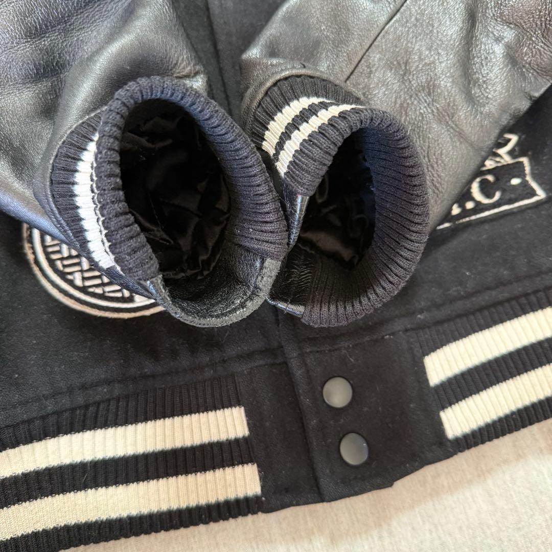 NEW ERA 豪華ワッペン スタジャン NYC 袖レザー 羊革 黒 M