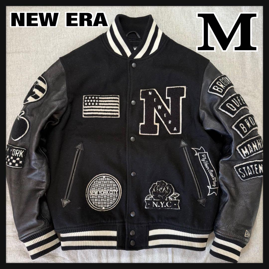 NEW ERA 豪華ワッペン スタジャン NYC 袖レザー 羊革 黒 M