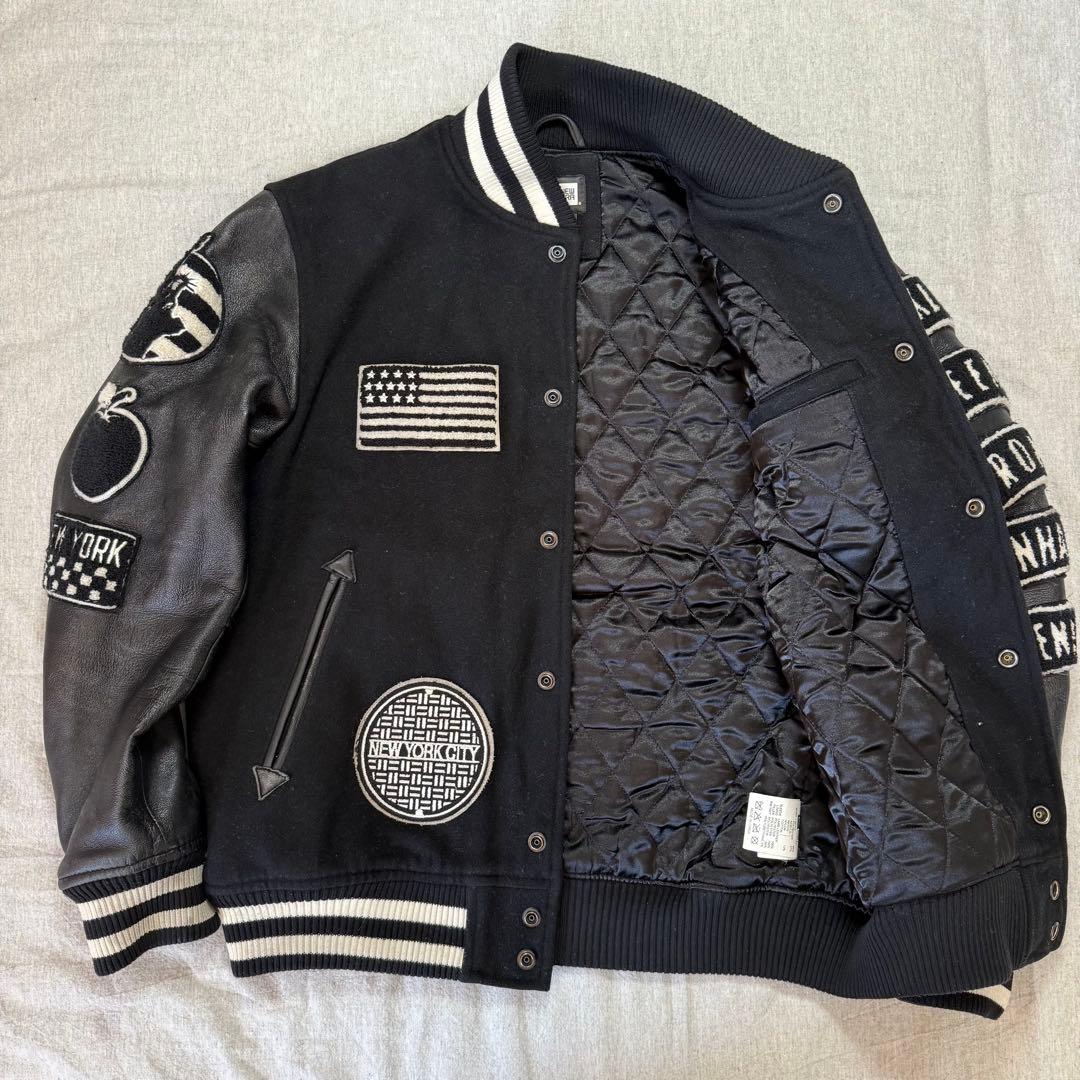NEW ERA 豪華ワッペン スタジャン NYC 袖レザー 羊革 黒 M