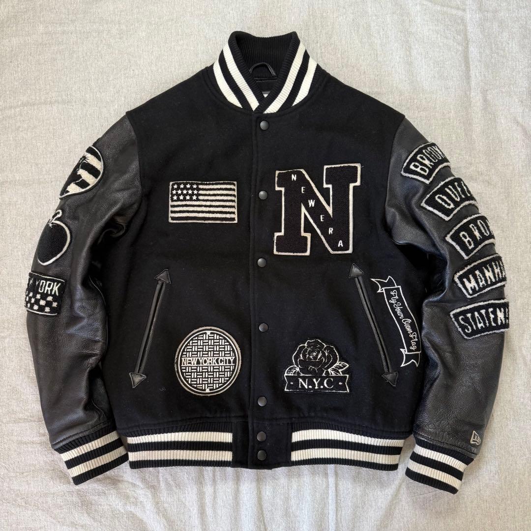 NEW ERA 豪華ワッペン スタジャン NYC 袖レザー 羊革 黒 M