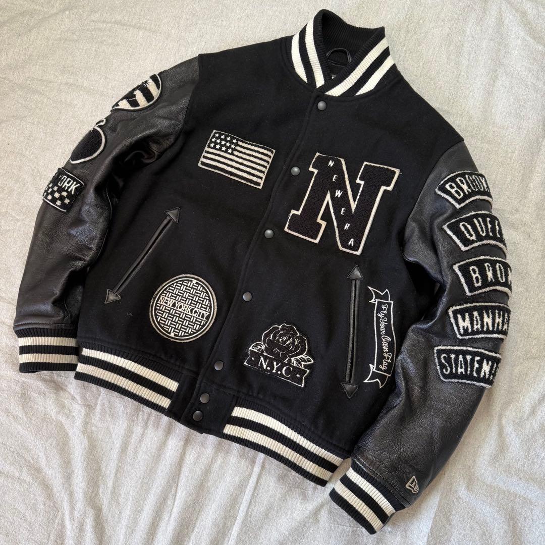 NEW ERA 豪華ワッペン スタジャン NYC 袖レザー 羊革 黒 M