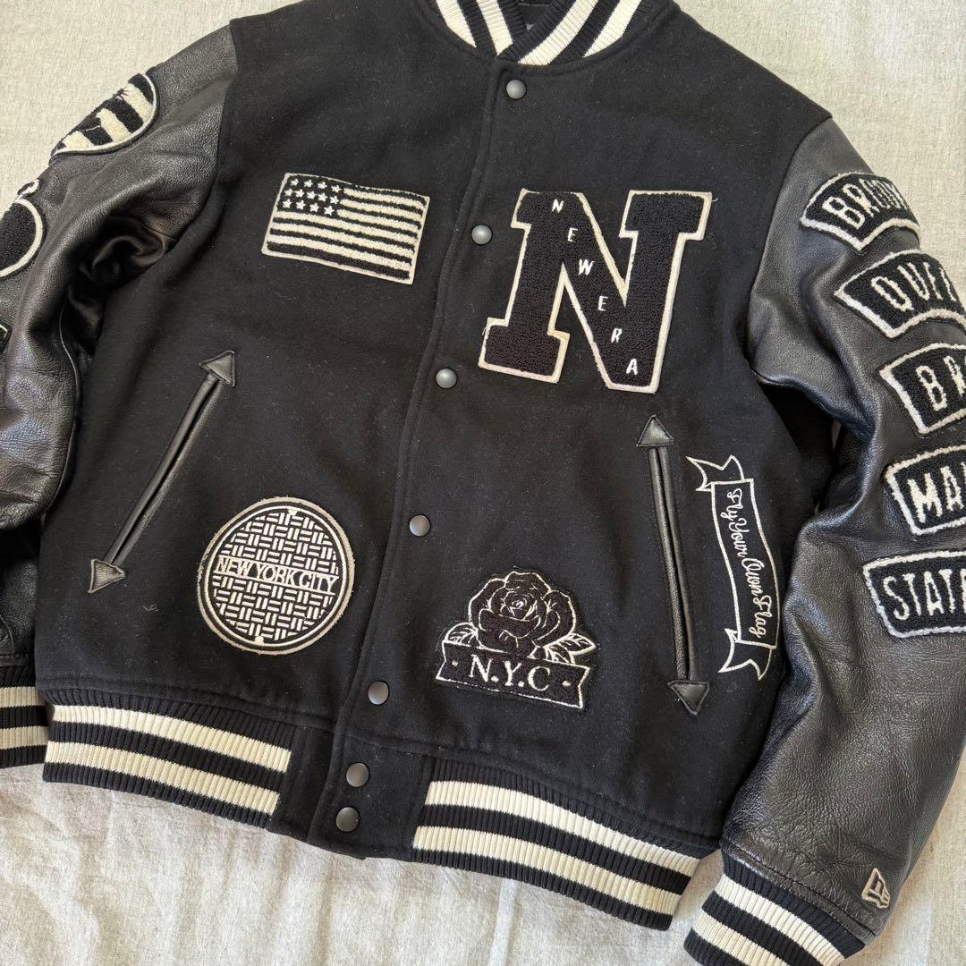 NEW ERA 豪華ワッペン スタジャン NYC 袖レザー 羊革 黒 M
