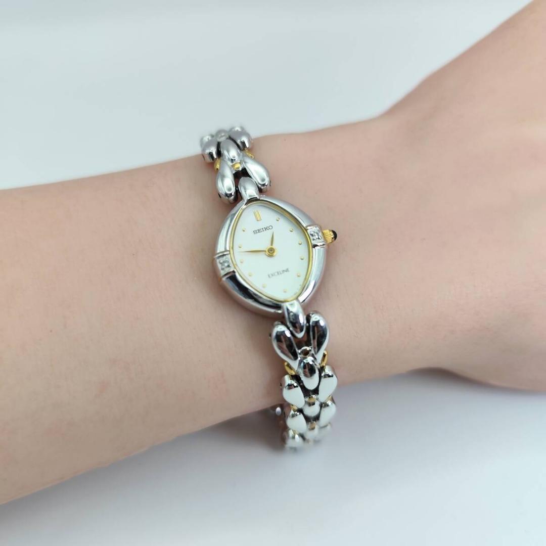 稼働希少美品 セイコー エクセリーヌ 2Pダイヤ シェル文字盤 ゴールドシルバー