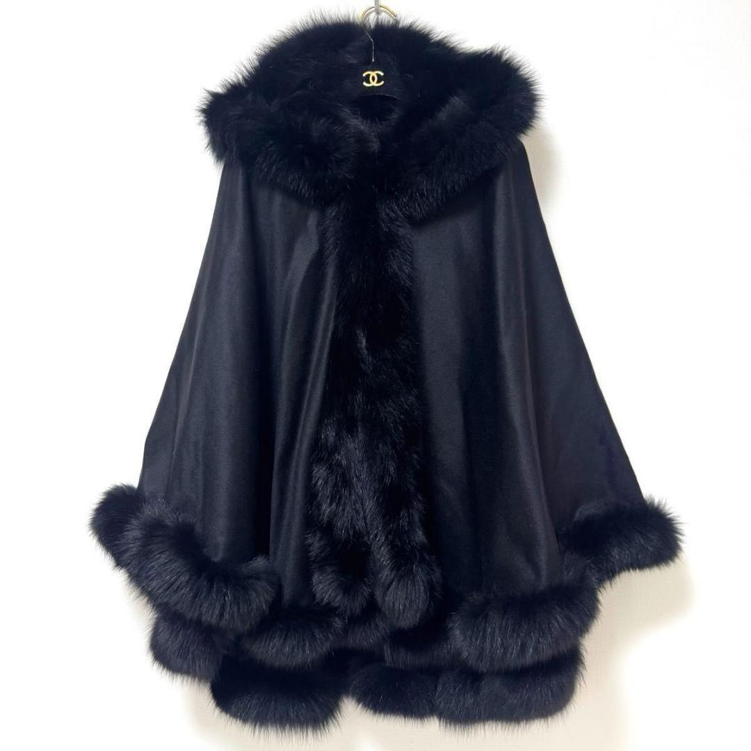 ほぼ新品✨SAGA　FURS　カシミヤ　100　ケープ　ポンチョ　フォックス　黒