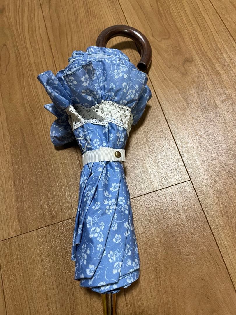 美品！！　ポロラルフローレン　楽折　遮光　晴雨兼用傘　水色花柄フリル日傘