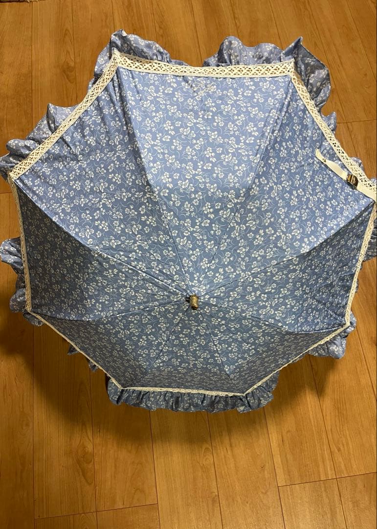 美品！！　ポロラルフローレン　楽折　遮光　晴雨兼用傘　水色花柄フリル日傘