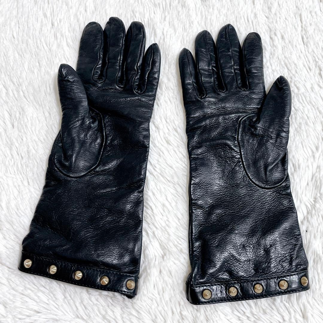 希少 GUCCI グッチ スタッズ レザーグローブ ゴールド金具 本革 手袋