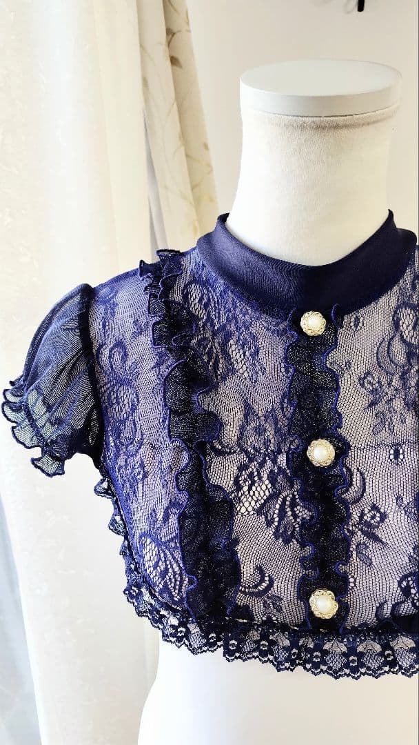 Ｓ～Ｍ／紺色フリルとレースで贅沢エレガントに。ロココ調宮廷ドレス風娘役レオタード