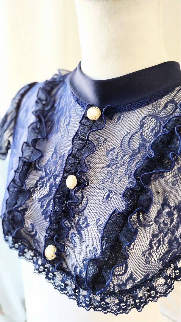 Ｓ～Ｍ／紺色フリルとレースで贅沢エレガントに。ロココ調宮廷ドレス風娘役レオタード