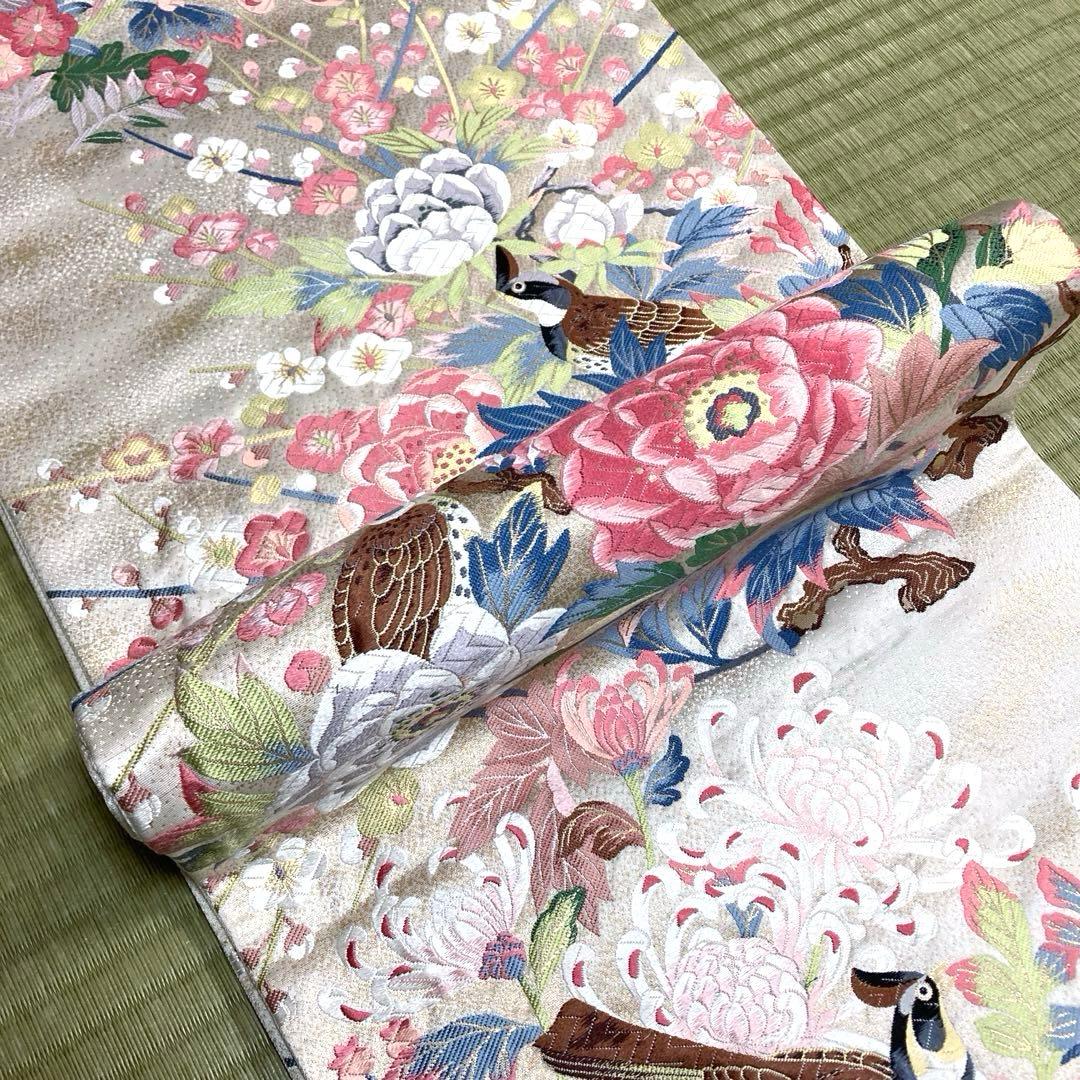 正絹　袋帯　【鳥　花々】