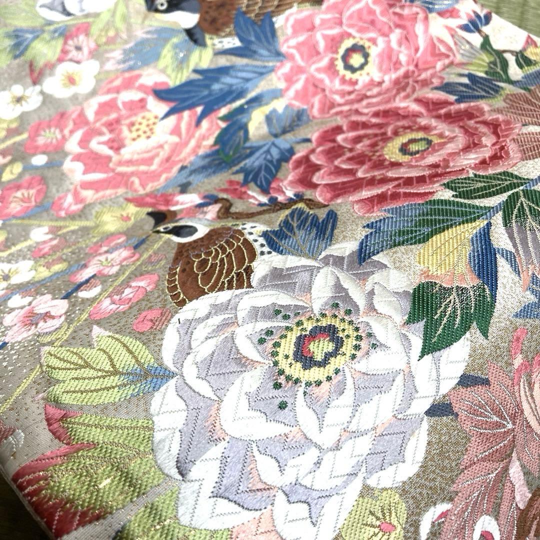 正絹　袋帯　【鳥　花々】