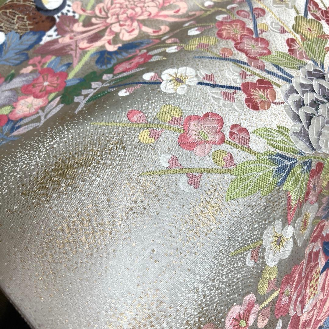 正絹　袋帯　【鳥　花々】