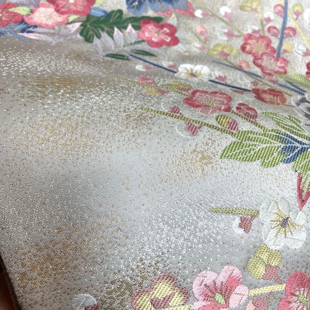 正絹　袋帯　【鳥　花々】