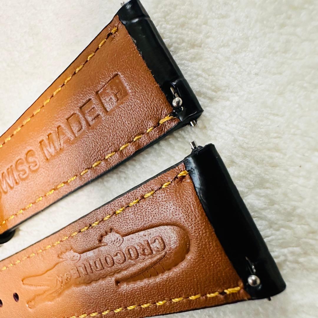 3036#20mm-18mmブラック★本物クロコダイルレザーベルト★スイス製