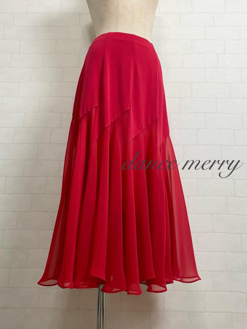 新品　社交ダンス　ミディアム丈　赤　ワルツ　レッスン　シフォン　4597