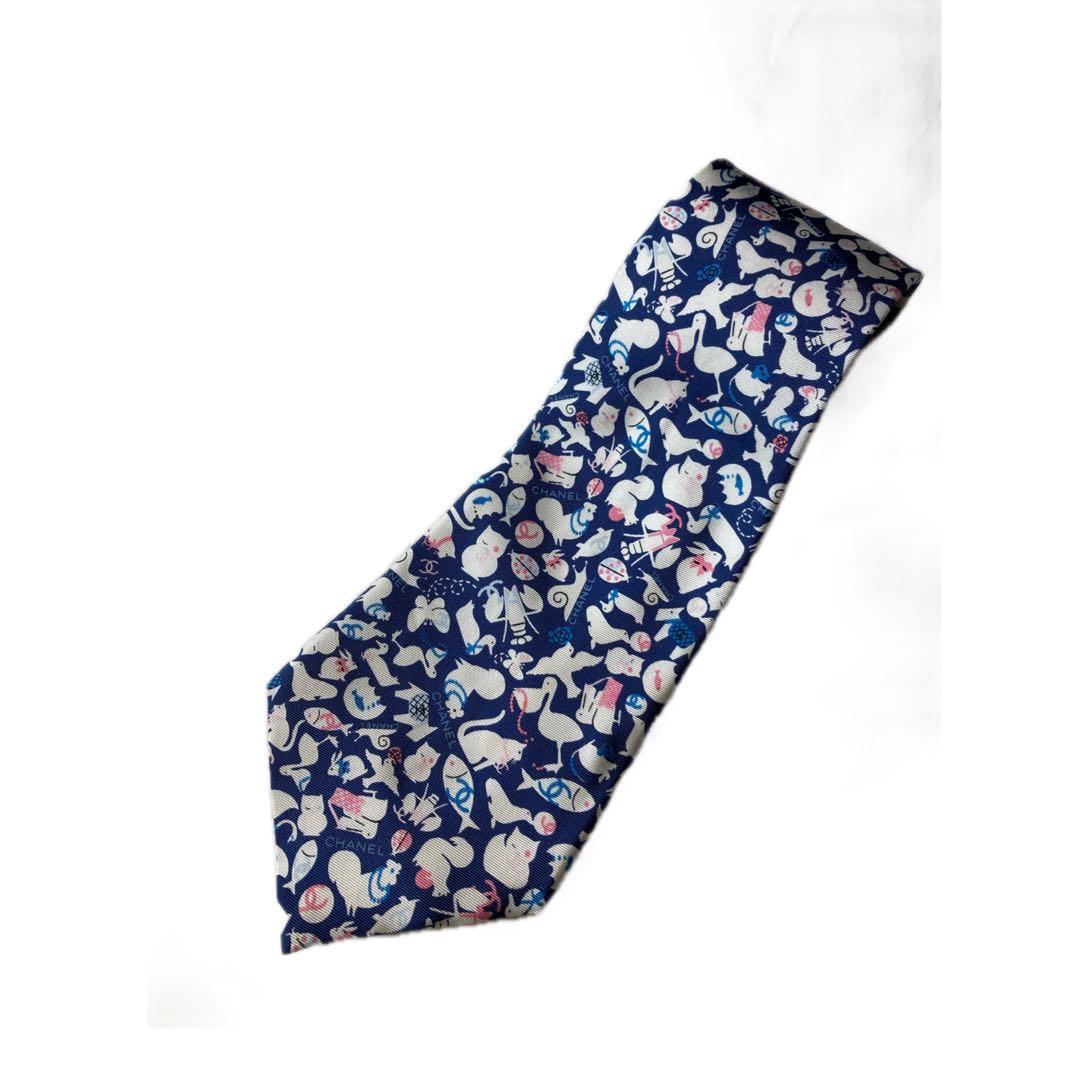 国内直営店購入 CHANEL 動物柄 ネクタイ / シャネル正規品 猫 ネコ 犬