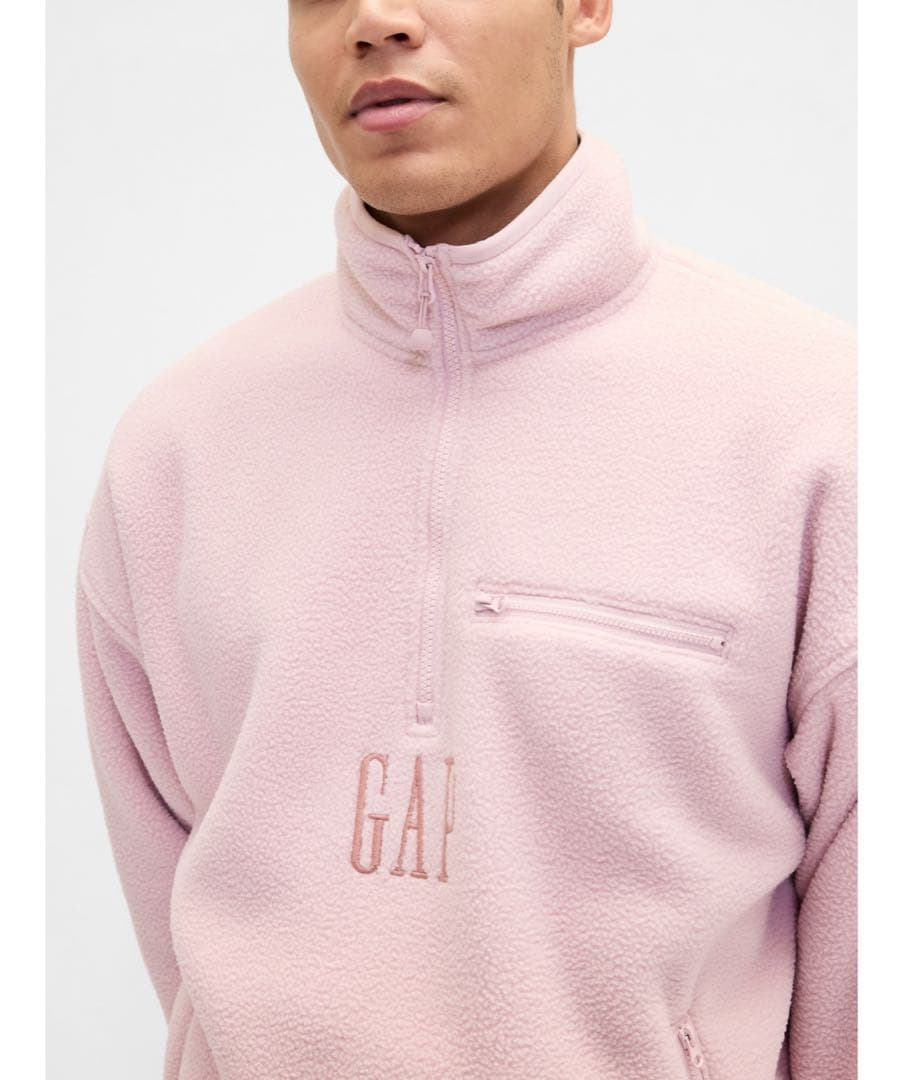 ボア オーバーサイズ ハーフジップ ロゴプルオーバー ピンク