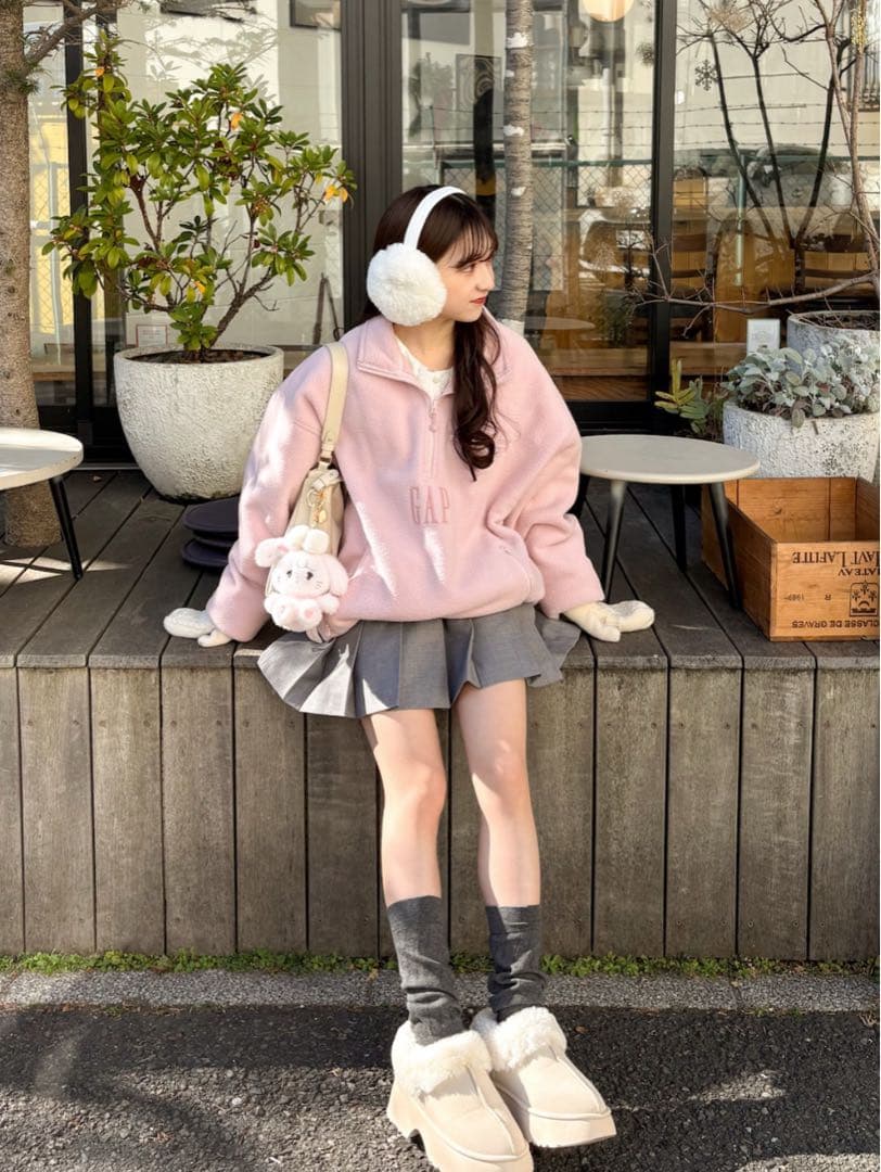 ボア オーバーサイズ ハーフジップ ロゴプルオーバー ピンク