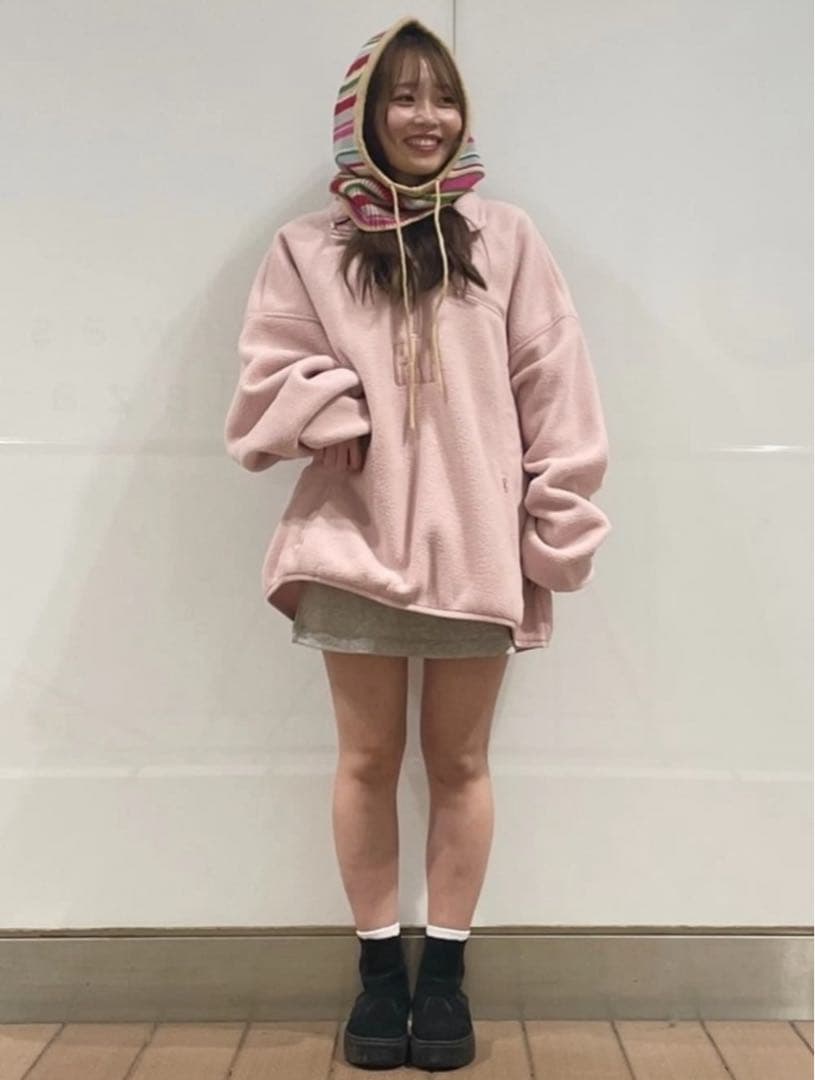 ボア オーバーサイズ ハーフジップ ロゴプルオーバー ピンク