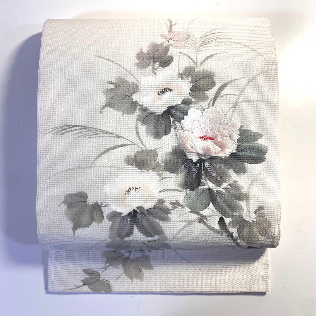 5k897 名古屋帯　絹　夏帯　夏物　絽　落款　旭峯　手書き　蘇州刺繍　白　花柄