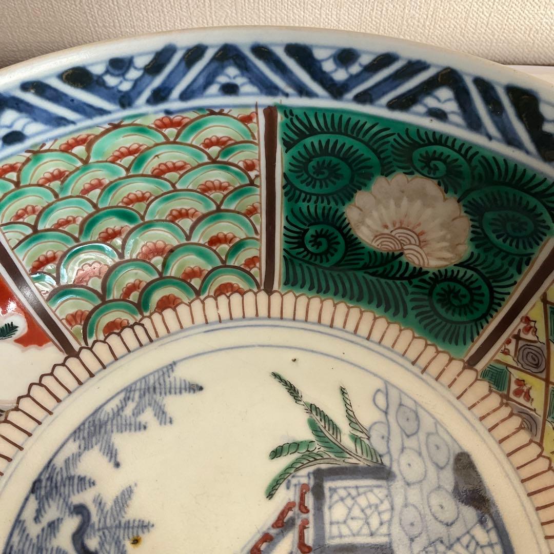 九谷焼　大聖寺伊万里　色絵草花山水鶴文深鉢　江戸時代中期から後期頃