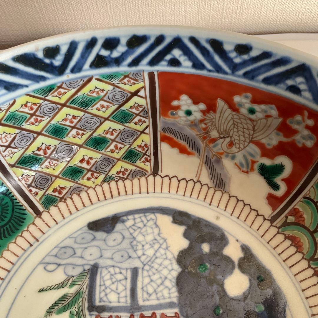 九谷焼　大聖寺伊万里　色絵草花山水鶴文深鉢　江戸時代中期から後期頃