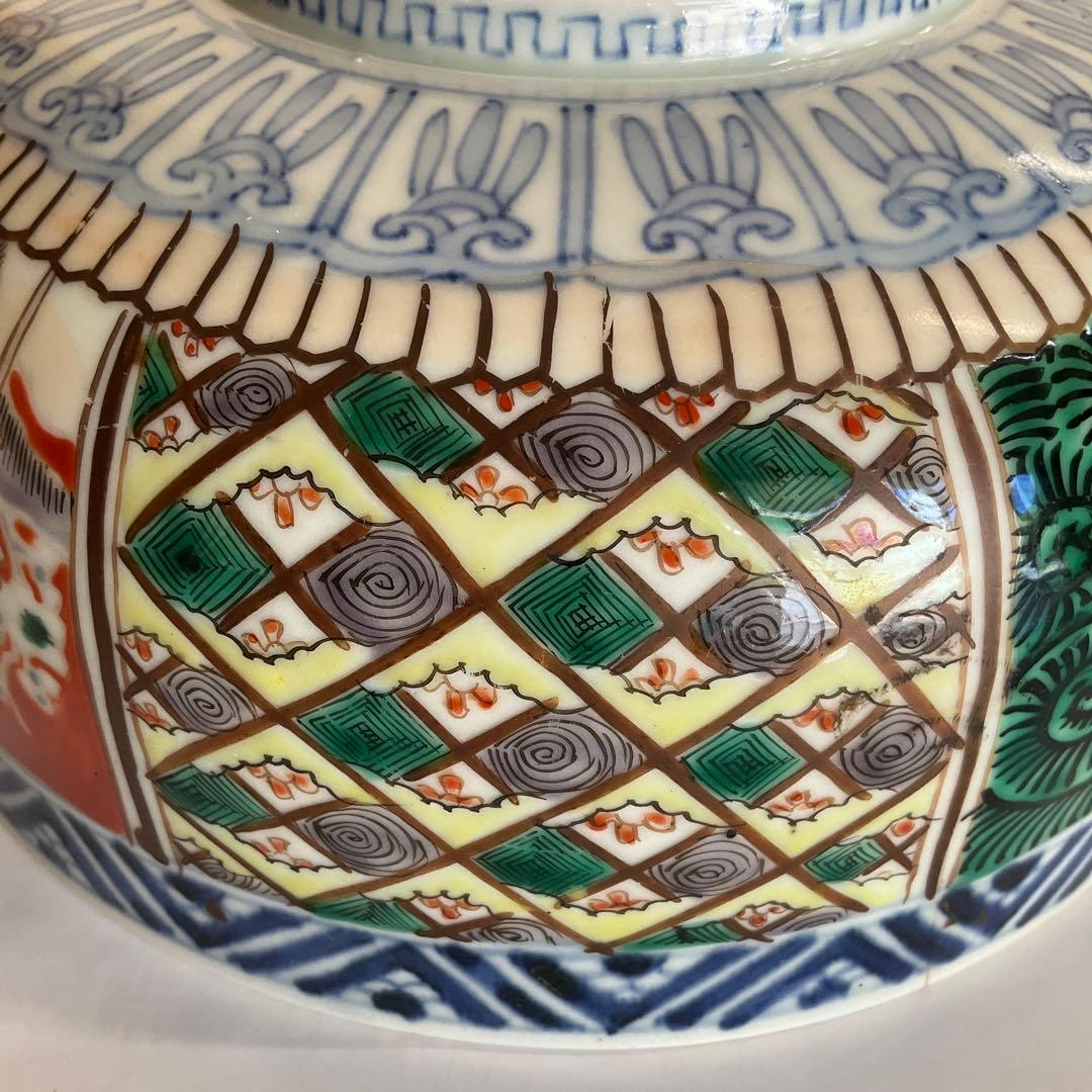 九谷焼　大聖寺伊万里　色絵草花山水鶴文深鉢　江戸時代中期から後期頃