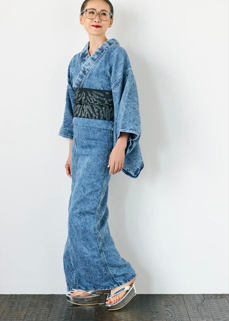 綿麻 ケミカル レディース（KAPUKIオリジナル）：デニム着物　Lサイズ
