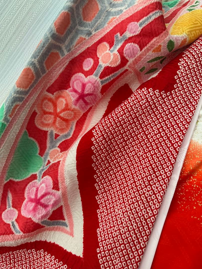 3歳七五三フルセット 正絹 総絞り 正絹 赤×白