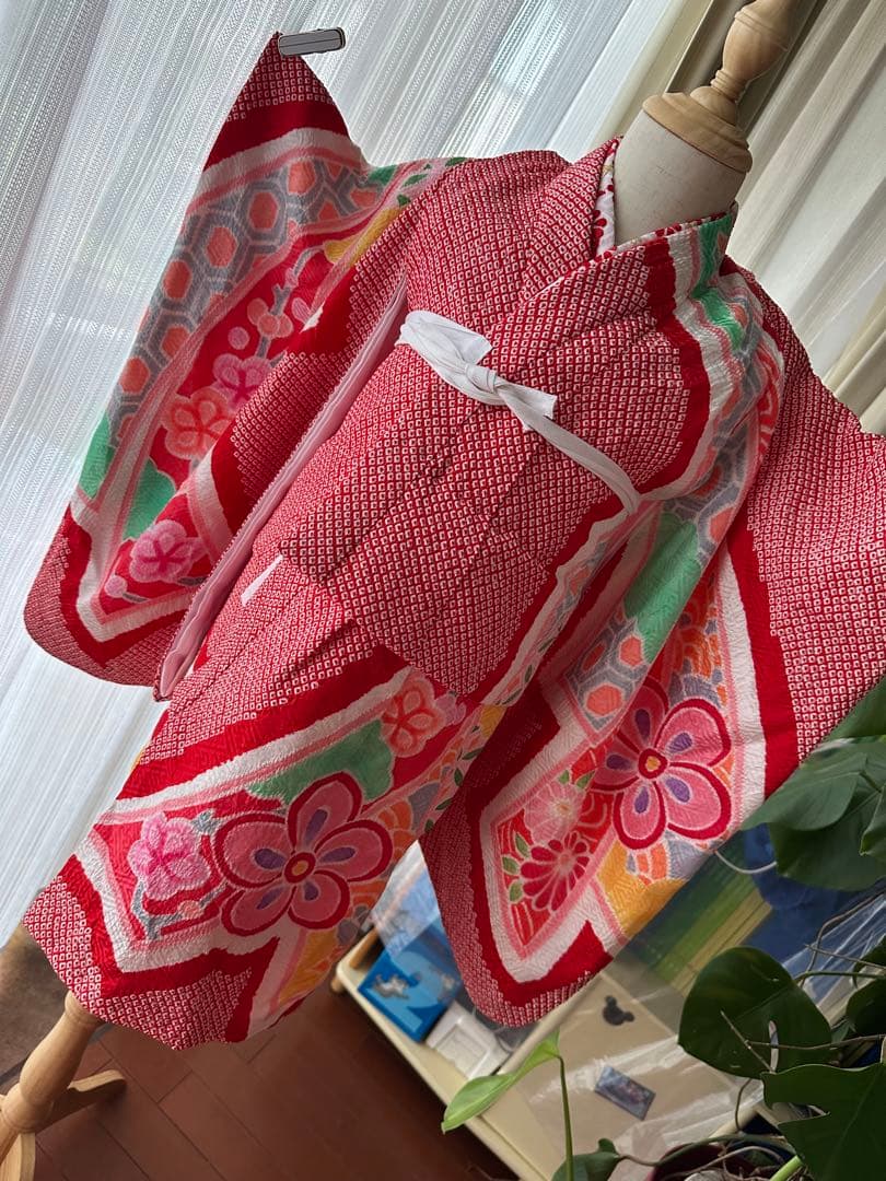 3歳七五三フルセット 正絹 総絞り 正絹 赤×白