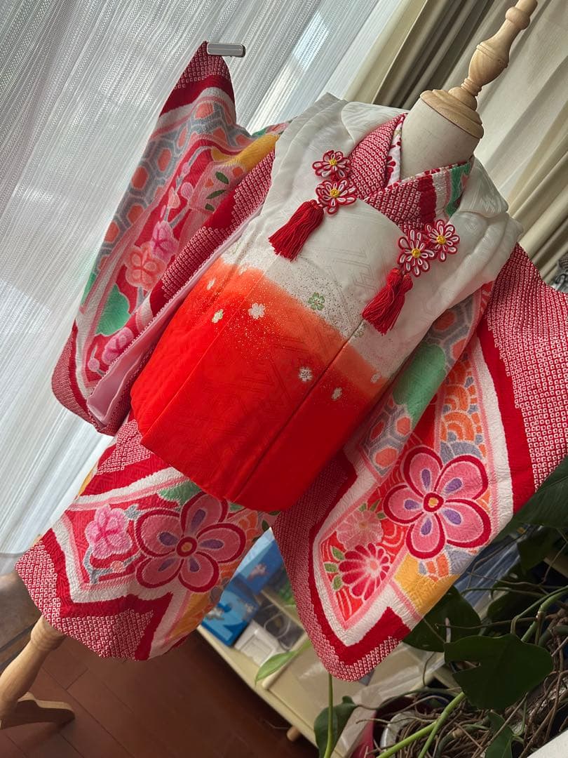 3歳七五三フルセット 正絹 総絞り 正絹 赤×白