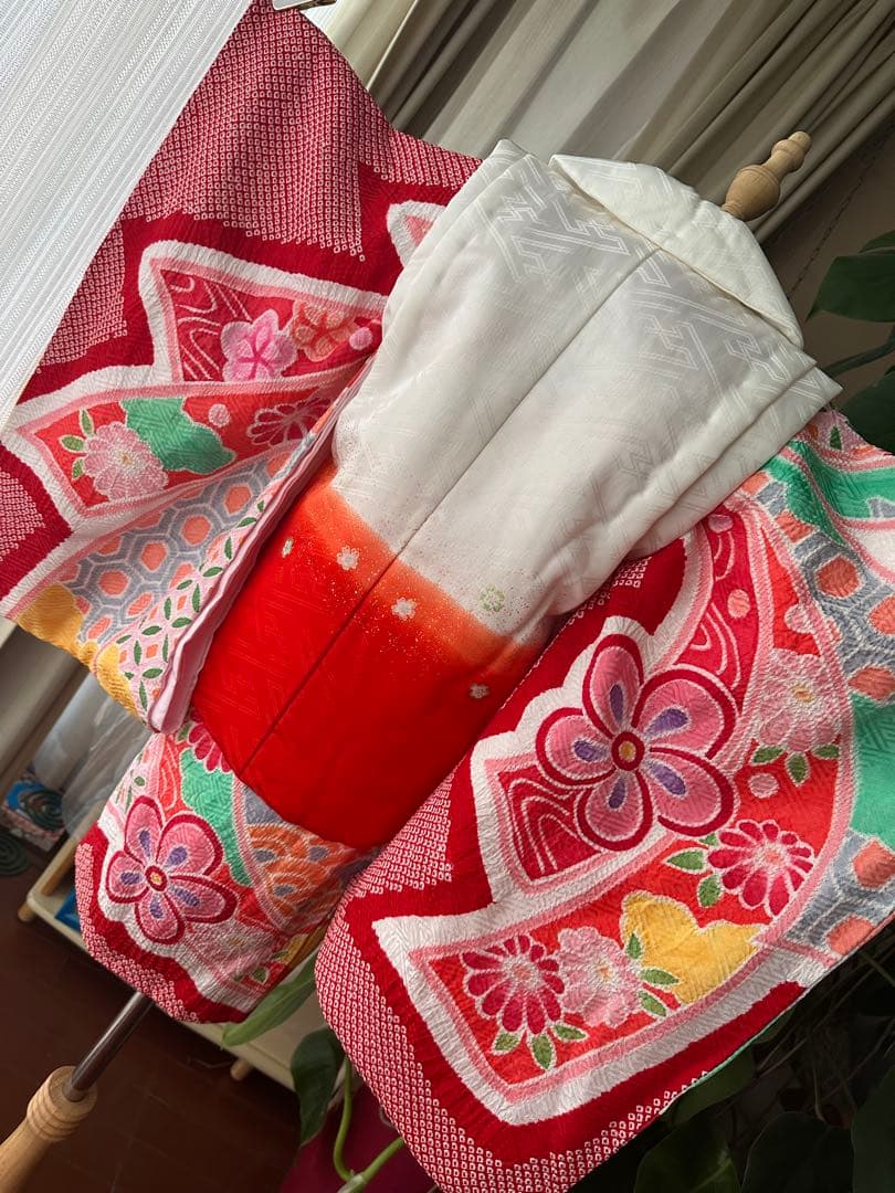 3歳七五三フルセット 正絹 総絞り 正絹 赤×白