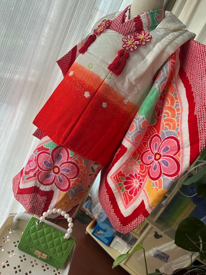 3歳七五三フルセット 正絹 総絞り 正絹 赤×白