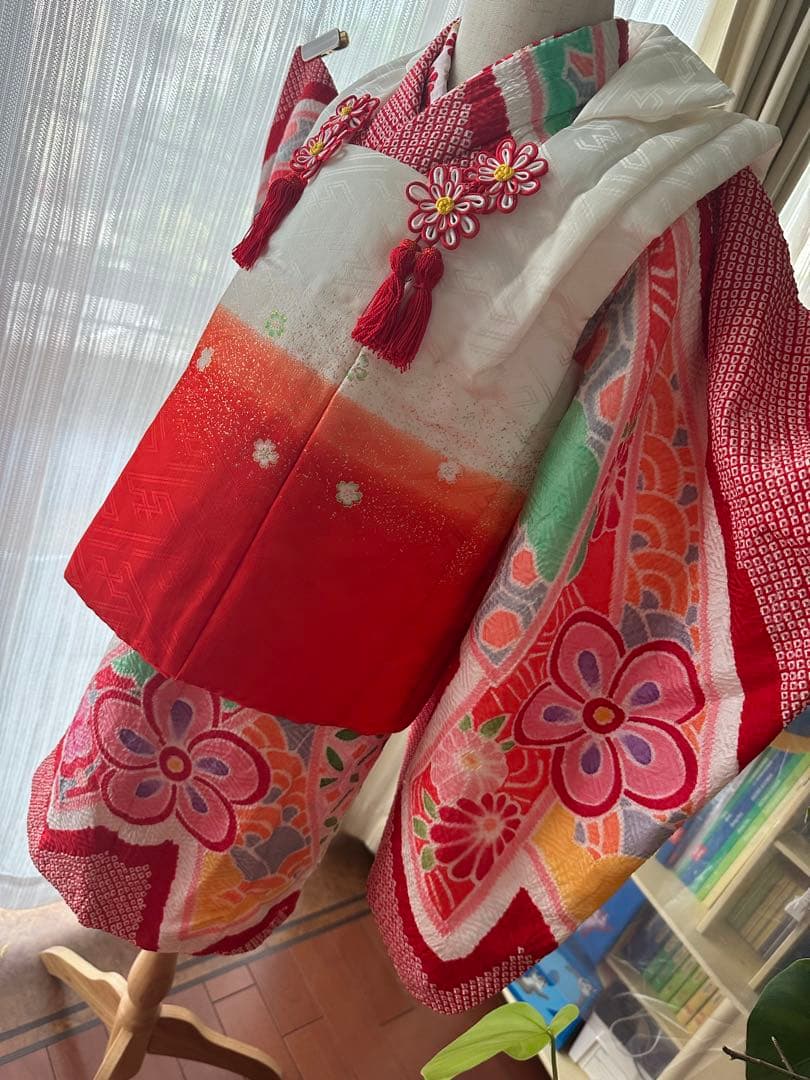 3歳七五三フルセット 正絹 総絞り 正絹 赤×白