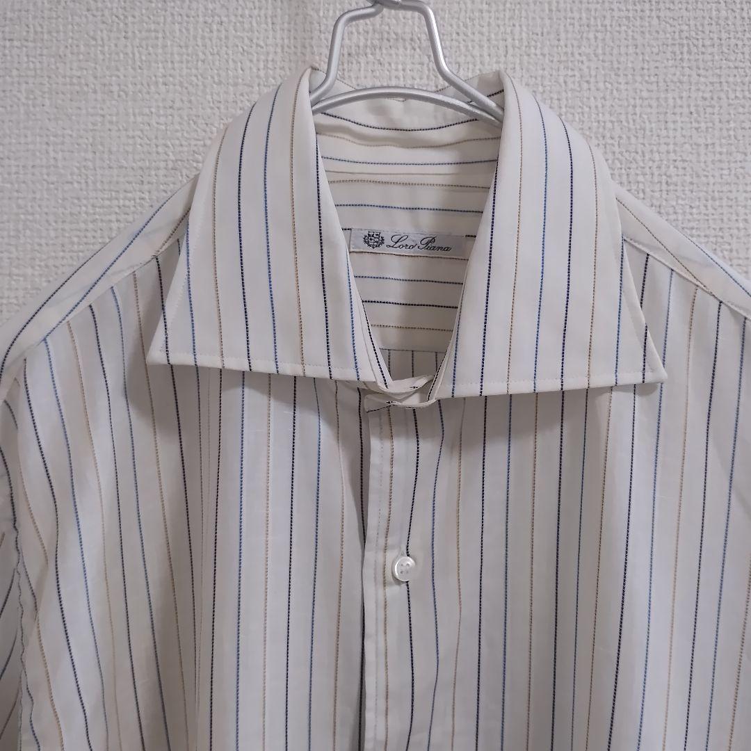ロロピアーナ コットンリネン マルチストライプ 長袖シャツ ホリゾンタルカラー