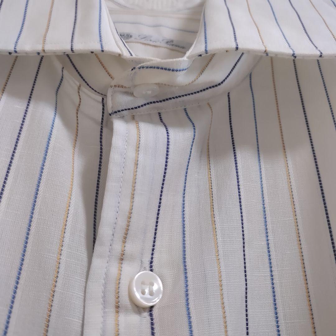 ロロピアーナ コットンリネン マルチストライプ 長袖シャツ ホリゾンタルカラー