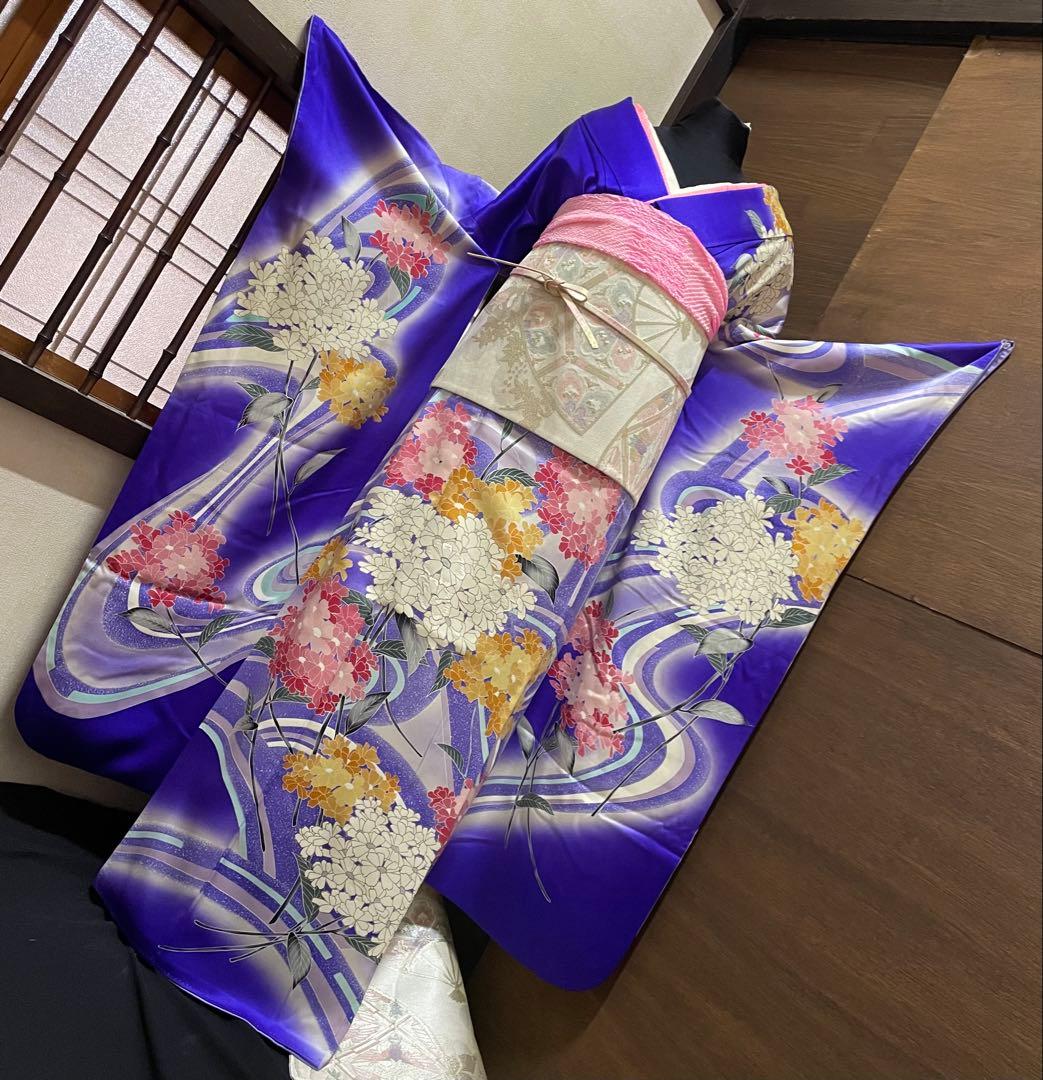 振袖フルセット6点サイズM〜Ｌ相良刺繍　振袖　流水花文　暈し染め　金彩　正絹