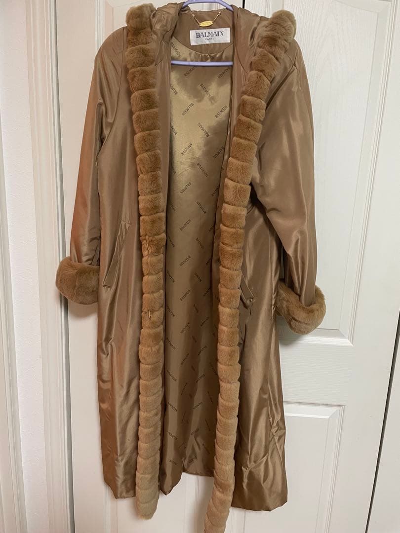 バルマン BALMAIN シルク コート ロング ファー付き 9号