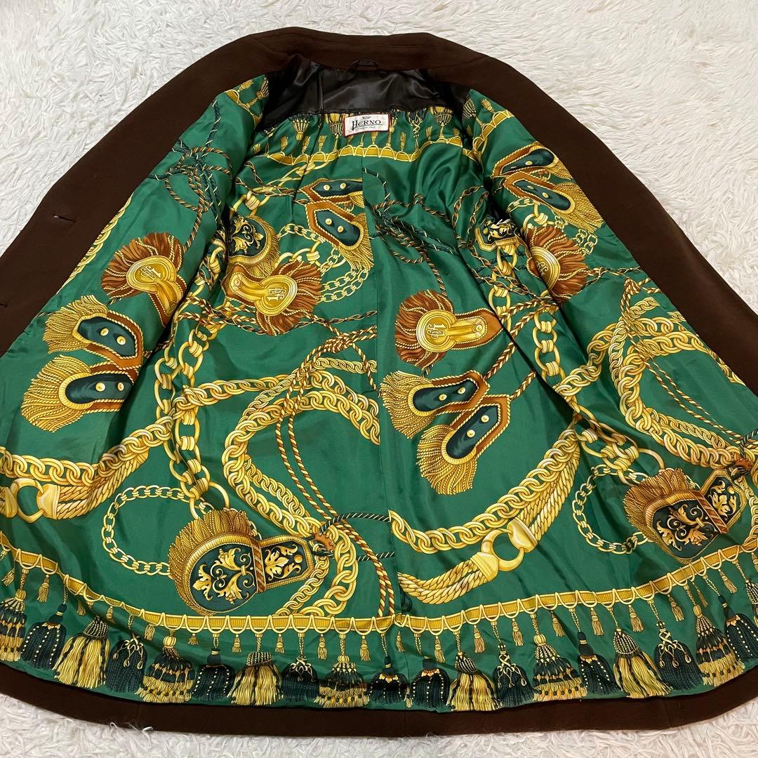 42/XL相当 ヘルノ カシミヤコート キャメルブラウン 裏地スカーフ柄 ダブル