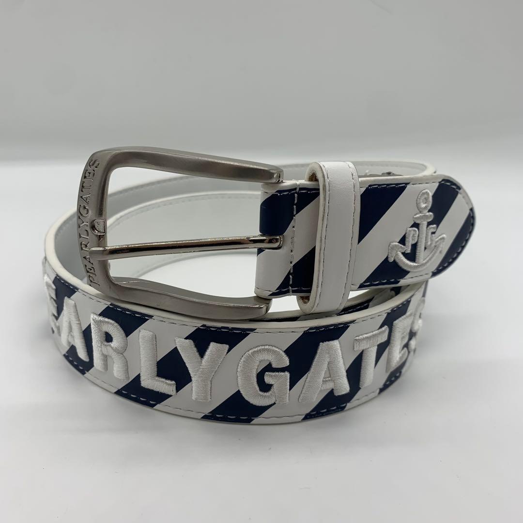 美品✨パーリーゲイツ ベルト ストライプ 刺繍ロゴ メンズ レザー ホワイト