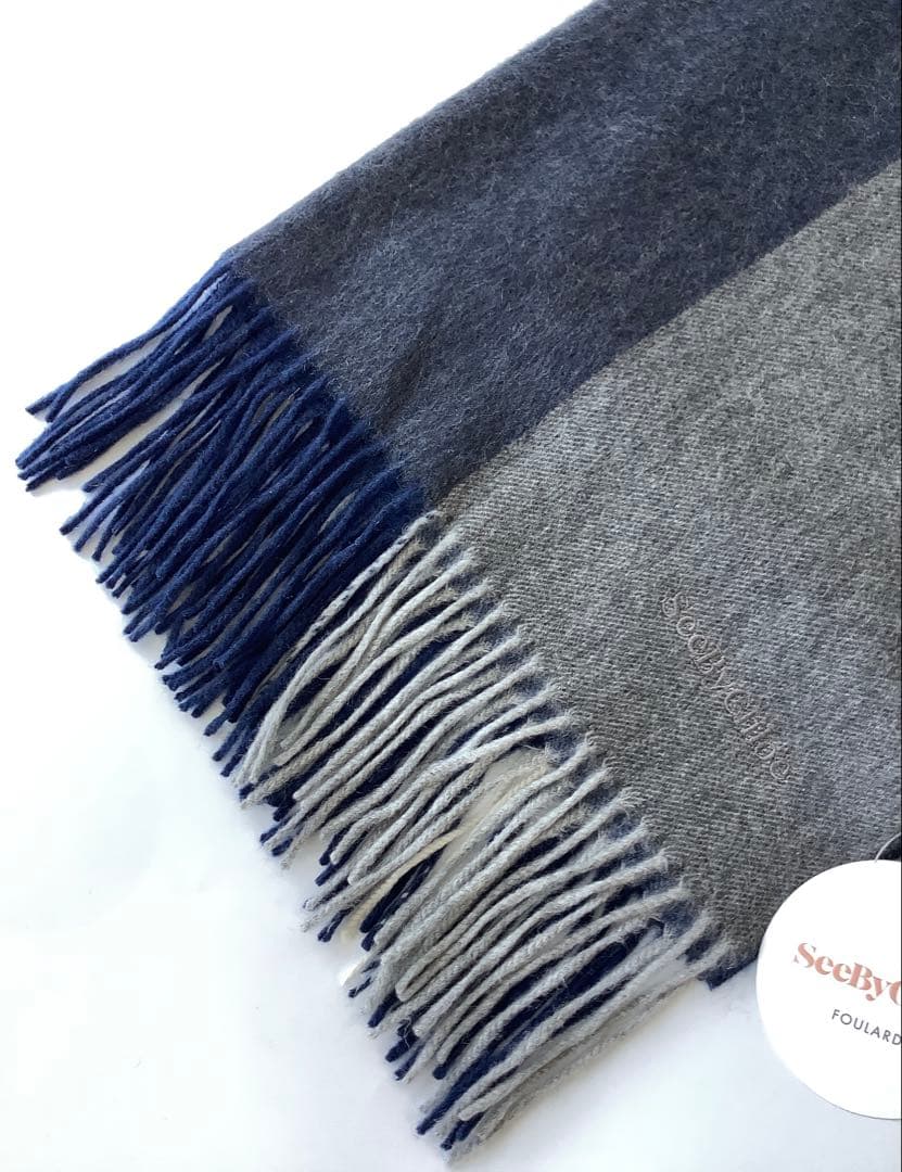 新品★シーバイクロエ★カシミヤ ストール マフラー ショール幅60㎝★ネイビー系