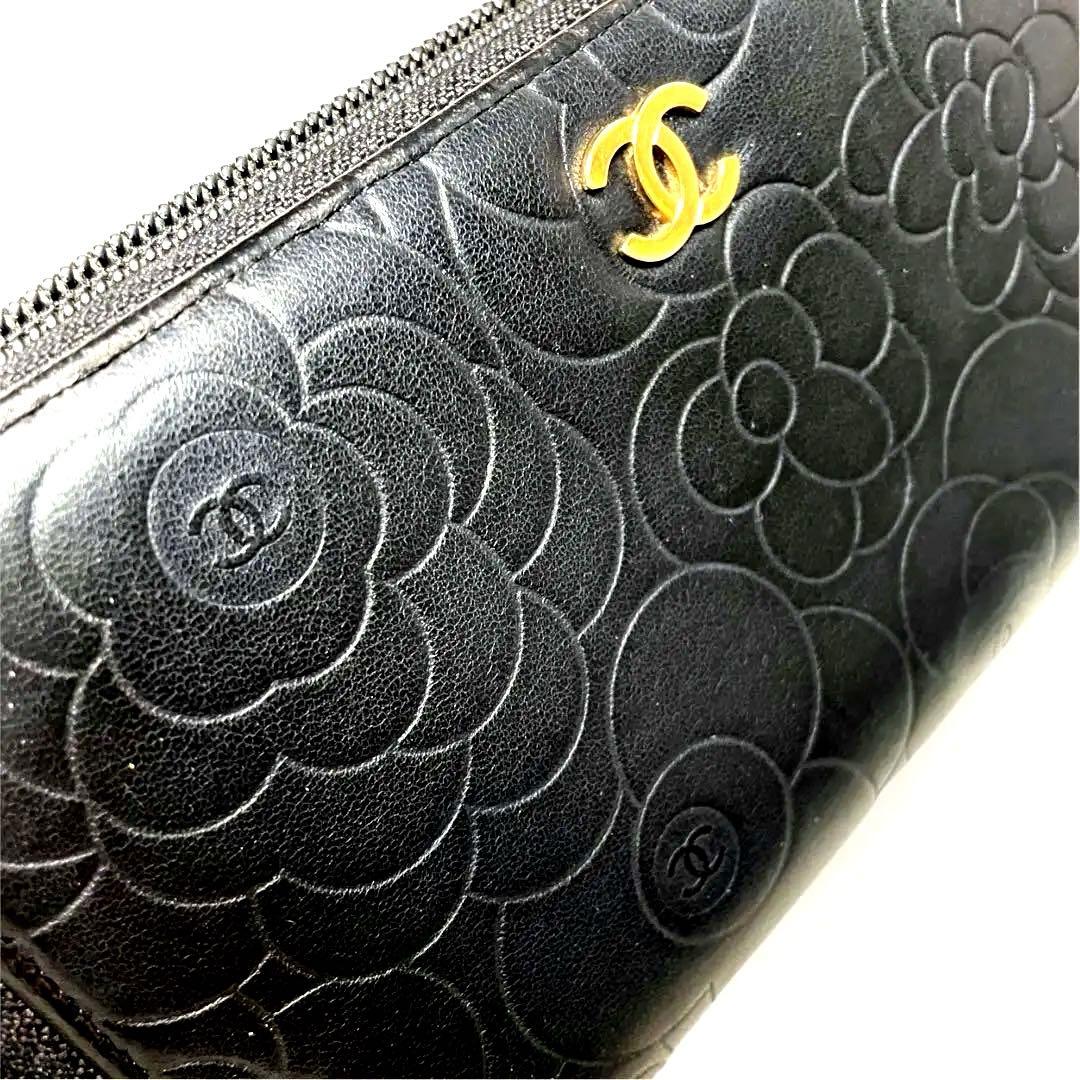 美品✨ CHANEL シャネル カメリア ラウンドジップ 長財布 黒 ゴールド