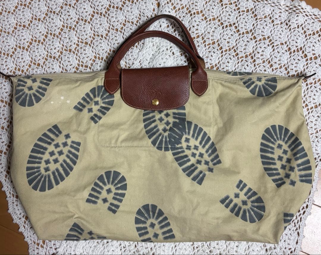 希少●2008ヴィンテージ●ロンシャン●足跡模様 ボストンバッグ 大容量●旅行