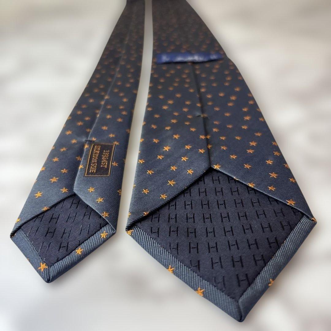 【極美品✨】HERMES ネクタイ　ネイビー　紺　オレンジ　スター　星　刺繍