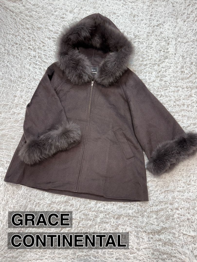 GRACE CONTINENTAL ポンチョ風トリミングコート チャコール